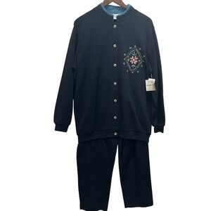 Baxter & Wells Womens Vintage Black Embroidered Floral Cardigan Pants Set Large